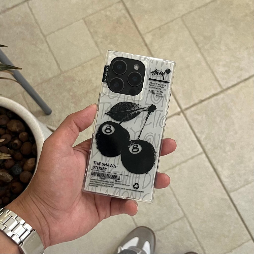 Street Classic stussysy สีดําแปด Cherry Square เลเซอร์อะคริลิค IMD เคสโทรศัพท์เหมาะสําหรับ iPhone 15 14 14Pro 14Max 13ProMax 13