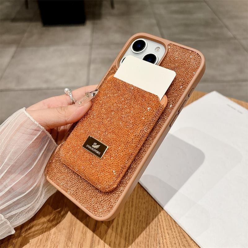 Luxury Swarovski Card Case สําหรับ iPhone 16 15 14 Pro Max 14/15/16 Plus Bling Rhinestone เพชรคริสตัลฝาครอบโทรศัพท์