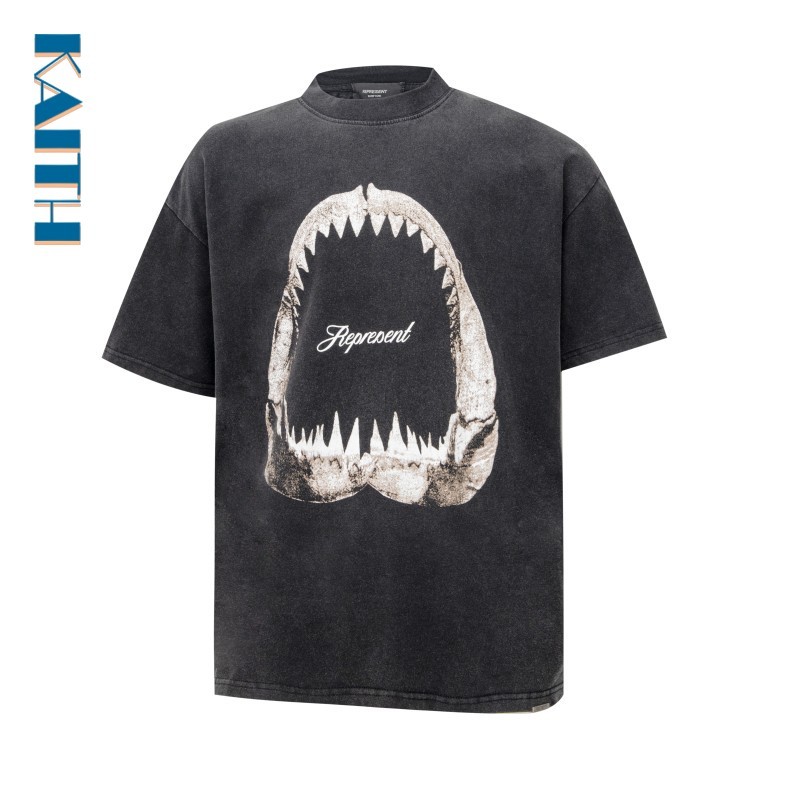 #T4 Unisex ล้าง Fabricc แขนสั้นสีธรรมดาปกติรอบคอผ้าฝ้ายเรียบง่าย Shark Skull รูปแบบพิมพ์ Tshirt สําหรับชาย
