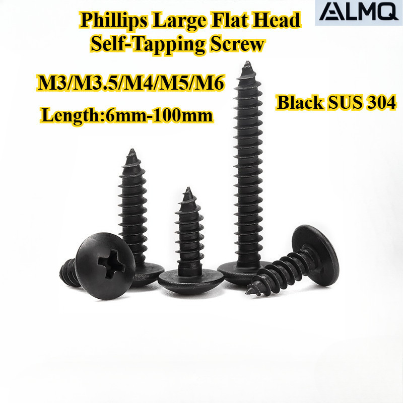 [LMQ-ZGLS] สีดํา SUS304 Phillips สกรูหัวแบนขนาดใหญ่ M3/M3.5/M4/M5/M6 สกรูหางแหลม, ความยาว 6 มม.-100 มม. สกรูไม้หัวเห็ด