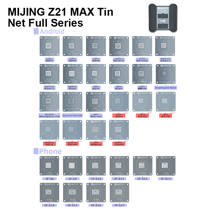 Mijing Z21 Max Universal CPU BGA Reballing Stencil แพลตฟอร์มสําหรับโทรศัพท์ A8-A17 โทรศัพท์ Android 