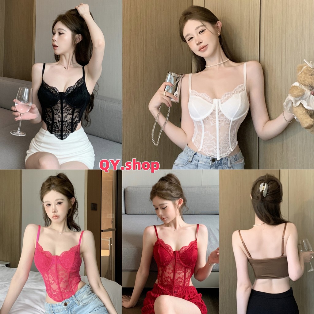 QY.Shop⭐️สินค้าราคาพิเศษ⭐️พร้อมส่ง เสื้อสายเดี่ยว ไม่มีฟองน้ำ  สไตล์เกาหลีสายปรับได้ ลูกไม้เซ็กซี่ "