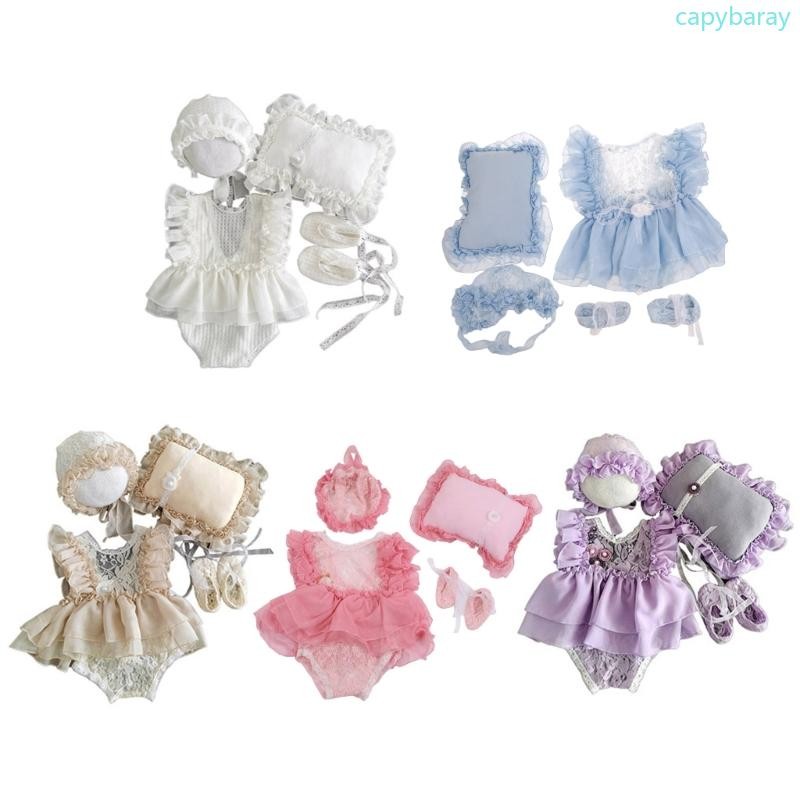Cpy 5 ชิ้นชุดหมวกเด็ก + หมอน + ชุดจั๊มสูทรอมเปอร์ + รองเท้า + หมวกทารกแรกเกิดการถ่ายภาพ Prop