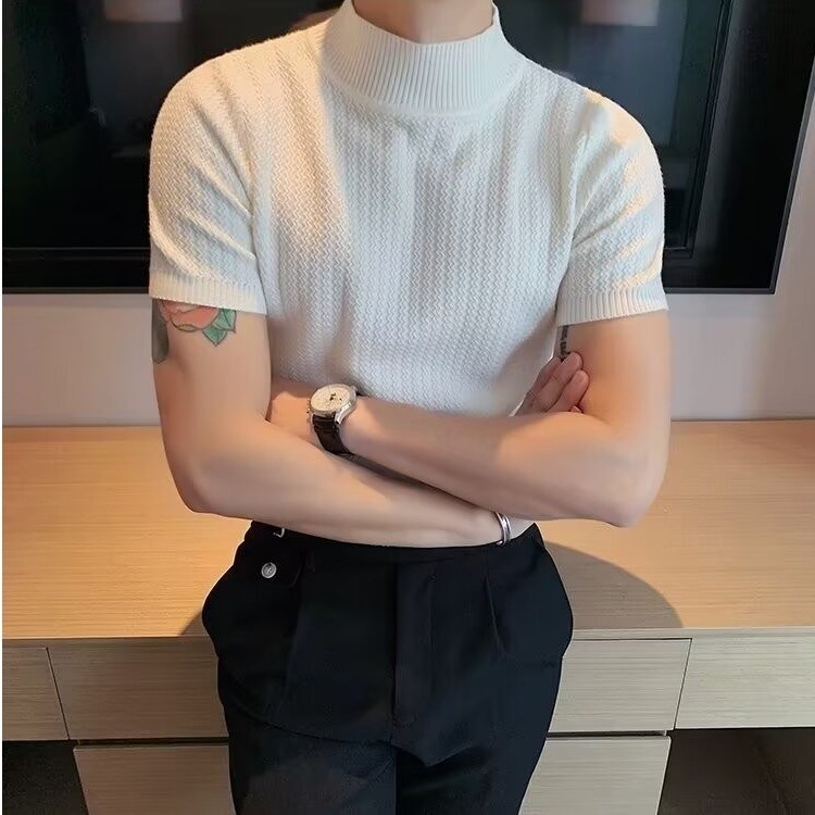 พอล ฟิตเซราลด์ เสื้อไหมพรมแขนสั้นสไตล์เกาหลีสําหรับผู้ชายคอเต่าครึ่งตัวสีทึบเสื้อลําลอง