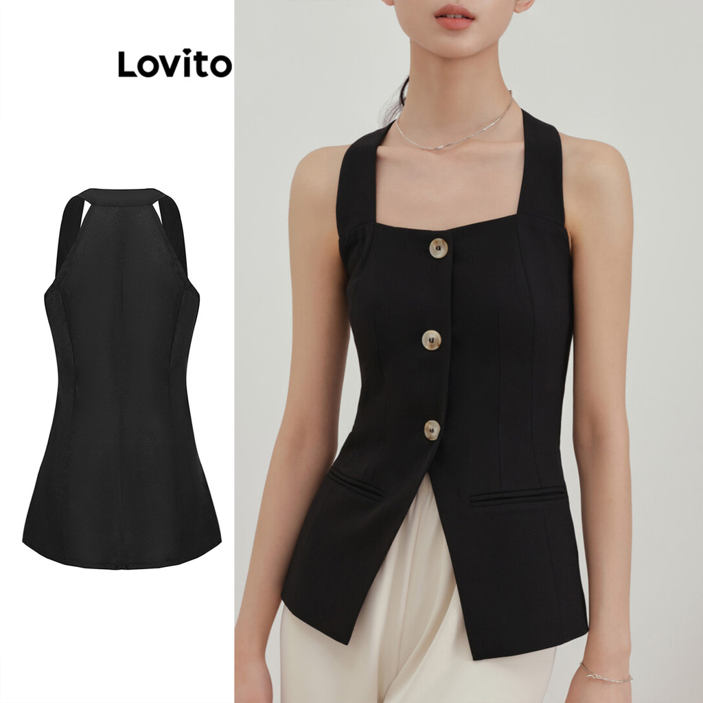 Lovito เสื้อแขนกุดผู้หญิง ทรงเบสิก แต่งกระดุม สีพื้น สไตล์โบโฮ L83EN127