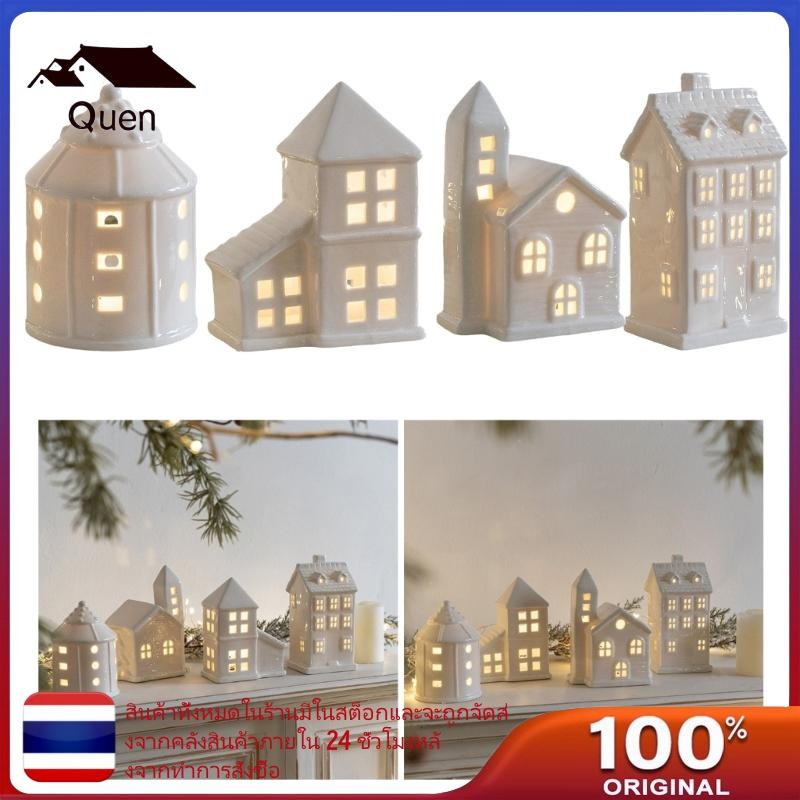 Quyn Handcrafts เซรามิค Village House ตุ๊กตาพร้อมไฟ LED เครื่องประดับคริสต์มาส