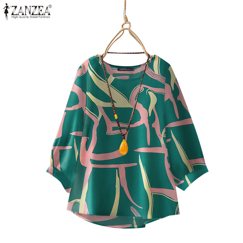 ZANZEA ใส่ ซานเซีย ผู้หญิงเกาหลีลําลองรอบคอ3/4แขนเสื้อหลวมพิมพ์เสื้อ