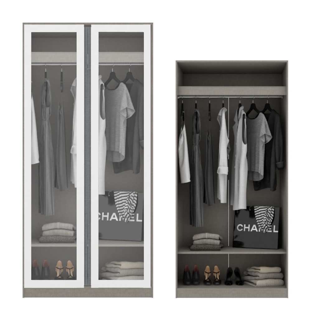 Koncept Furniture ตู้เสื้อผ้า แขวนโล่ง OP-A ขนาด 100 ซม. รุ่น Blox สีขาวลายผ้า&กระจกใส (100x59x210 ซม.)  แบรนด์ KONCEPT