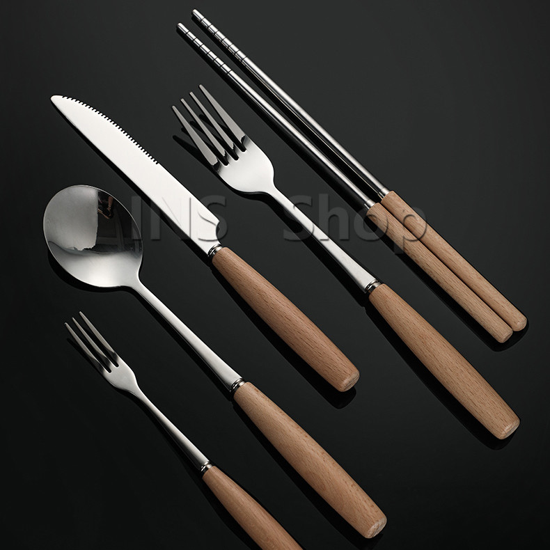 ชุด มีด ช้อน ส้อม ตะเกียบ วัสดุสแตนเลสและไม้ ช้อนส้อมด้ามไม้ Stainless steel cutlery