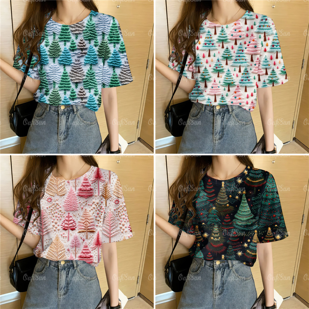 2025 เสื้อยืดคริสต์มาสสําหรับผู้หญิงเสื้อท็อปแขนสั้นพิมพ์ลายต้นคริสต์มาสสามมิติแฟชั่นคอกลมแขนสั้นเสื้อยืดสวมหัว