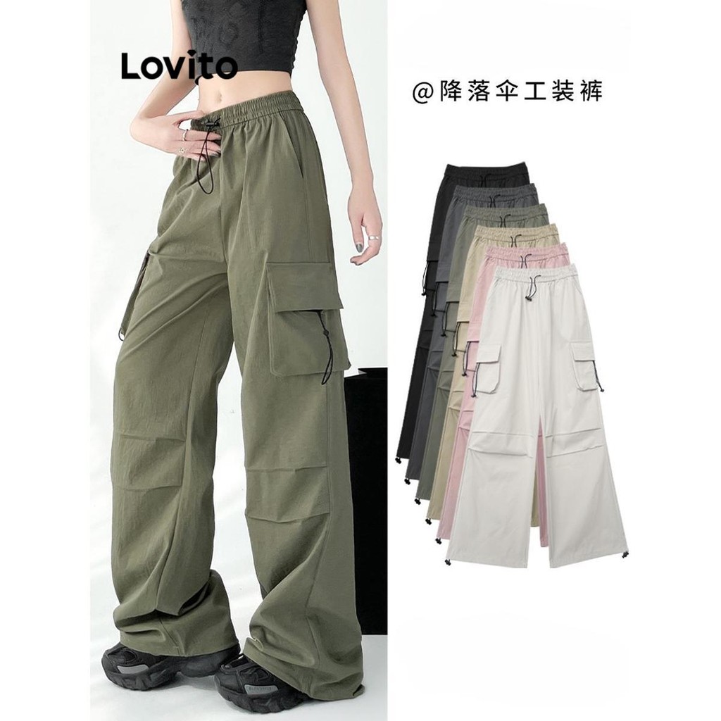 Lovito กางเกงจีบแบบลำลองสำหรับผู้หญิง LNM71109
