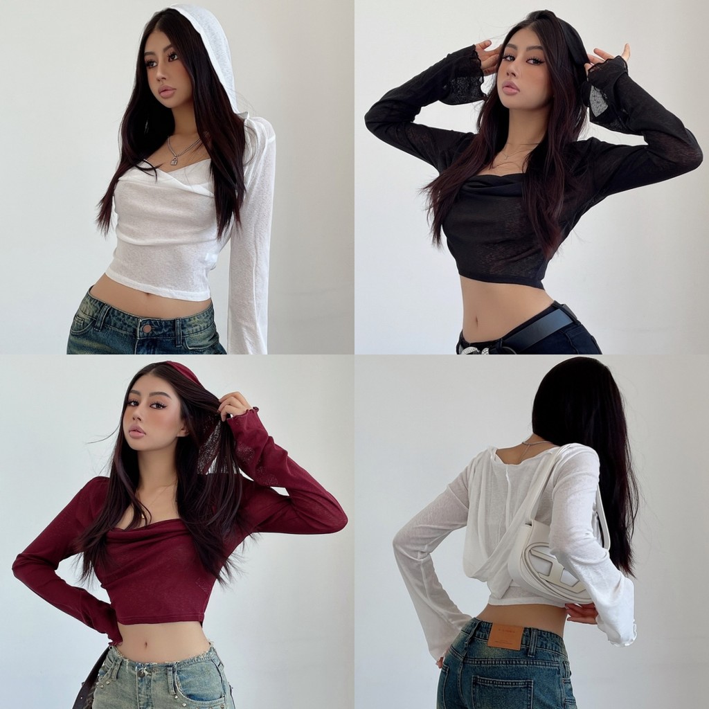 Soroh เสื้อฮู้ด แขนยาว ซีทรูเบาบาง มีฮูด ผ้านุ่ม เสื้อคลุมกันแดด สไตล์เกาหลี แฟชั่น ใส่สบาย #V078