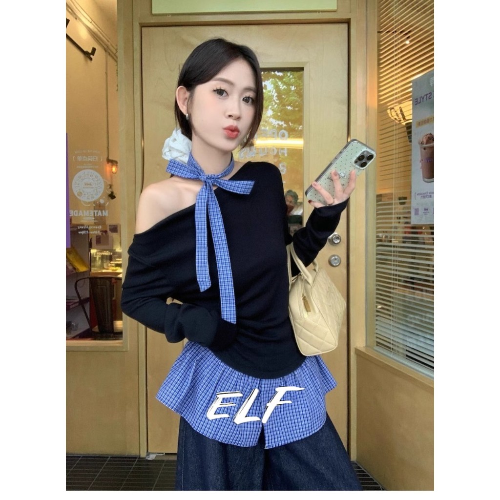 Luxury Niche Faux สองชิ้นสายรัดตรวจสอบเย็บแขนยาวเสื้อยืดผู้หญิงฤดูใบไม้ร่วงฤดูหนาวหรูหรา Slim-Fit