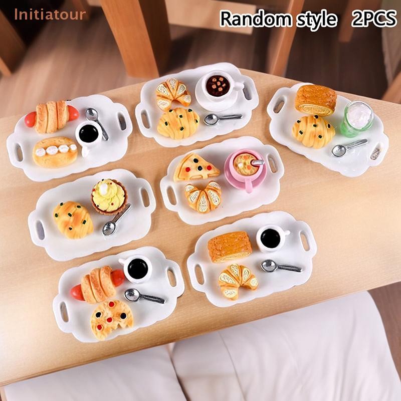 [ผู้ประกอบการ] 2 ชุดตุ๊กตามินิครัวเค้กขนมปังจําลองอาหารเช้าชุดอาหารขนาดเล็กเล่นฉากอุปกรณ์ประกอบฉาก