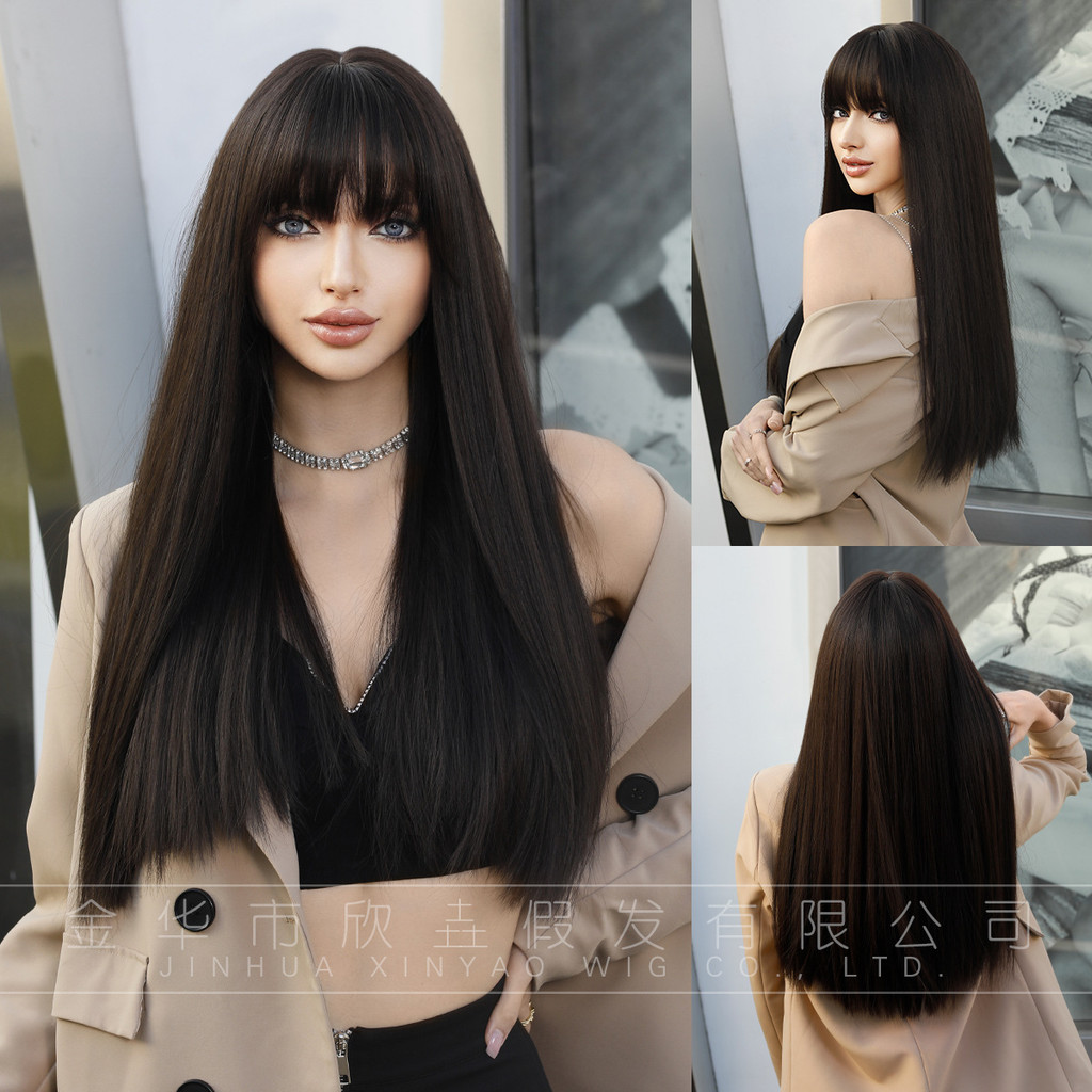 7JHH WIGS ยุโรปอเมริกา C-8268-1 แฟชั่นผมยาวหญิงสีดําสีน้ําตาลผมตรงจําลอง Full Headgear วิกผม
