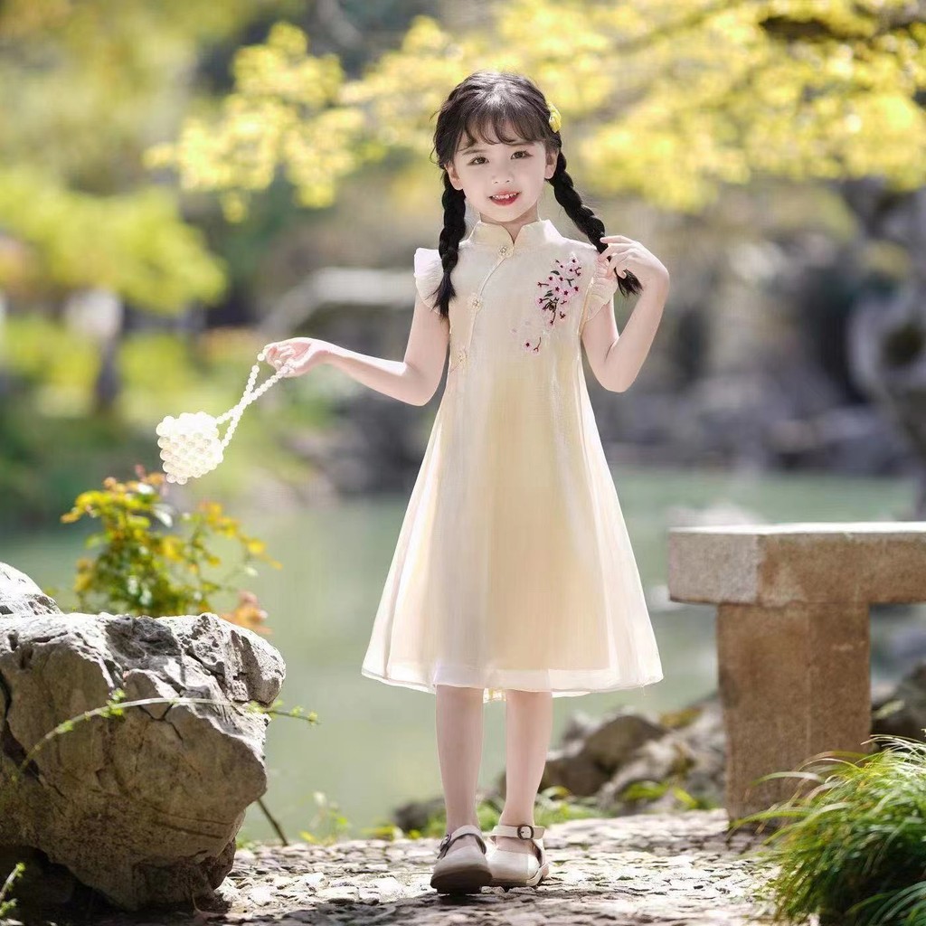 เด็กผู้หญิง Hanfu 2024 ฤดูร้อน Cheongsam เครื่องแต่งกายปัก Tang ชุดเด็กทารกเด็ก Retro สไตล์จีนชุดชีฟอง