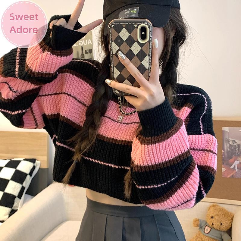 Sweetadore ผู้หญิงจัมเปอร์ลายวินเทจหญิงฤดูใบไม้ร่วงแขนยาวลําลอง Cropped เสื้อกันหนาว TH
