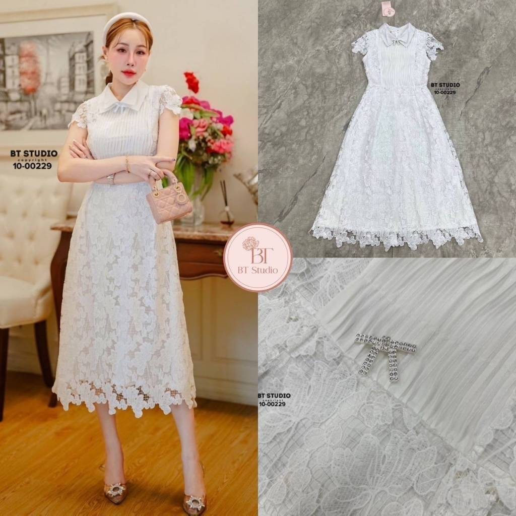 (พร้อมส่ง) BT104-00229 เดรสยาวแขนสั้นเต่อ แต่งลายริ้วตรงกลาง งานเนื้อผ้าลูกไม้มีซับในตัวยาว Q.