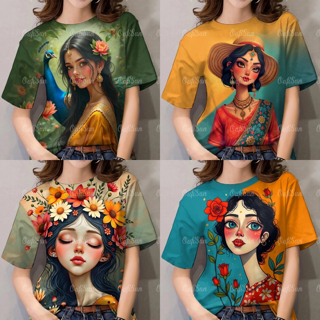 เสื้อยืดหรูหราสําหรับผู้หญิง 2025 ท็อปส์ซูแขนสั้นหลวม ภาพศิลปะ พิมพ์คอกลม เสื้อยืดผู้หญิงขนาดใหญ่