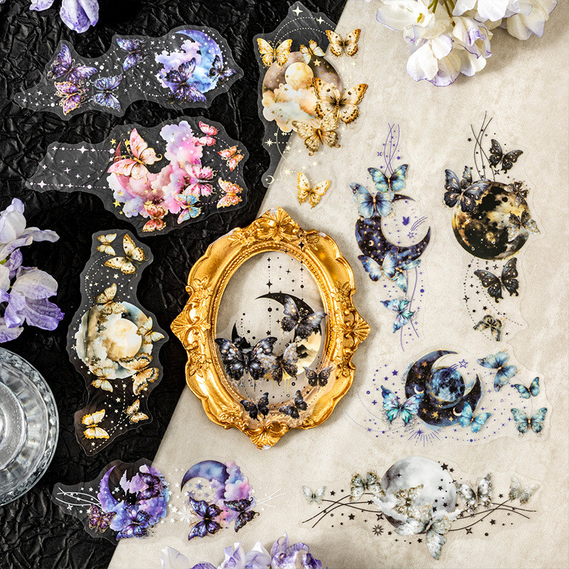 Journamm 10 PCS PET สติกเกอร์ผีเสื้อ Moon Theme สติกเกอร์ตกแต่งไดอารี่ Scrapbooking วัสดุ Deco อัลบั้มเครื่องเขียนสติกเกอร์