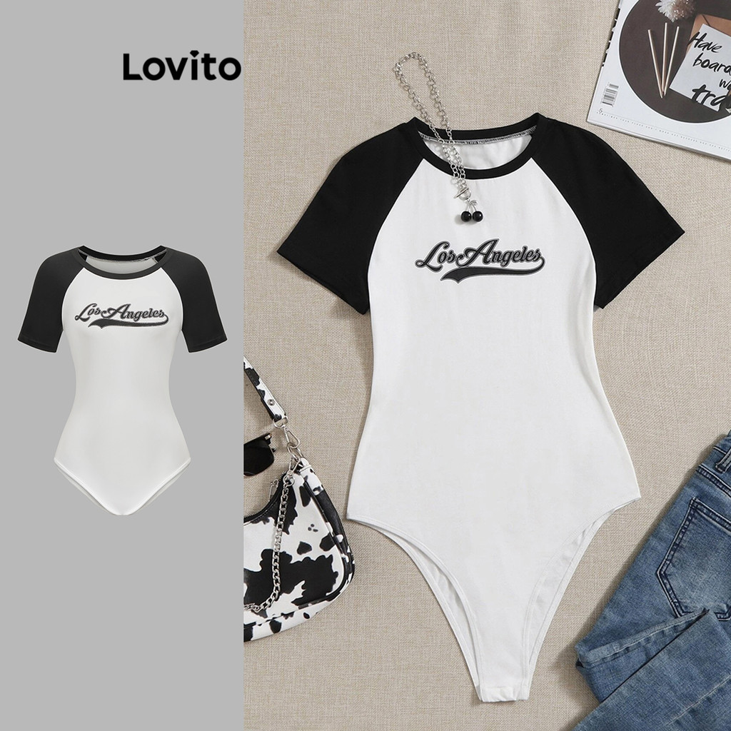 Lovito ชุดบอดี้สูทลายตัวอักษรสีบล็อกลำลองสำหรับผู้หญิง L108ED876