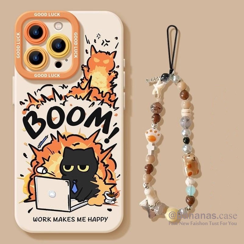 Iphone 16 15 14 13 12 11 Pro Max X Xr Xs Max 7 8 Plus SE2020 เคสโทรศัพท์น่ารักการ์ตูน Anger Black Cat + Lanyard Soft Black Cover