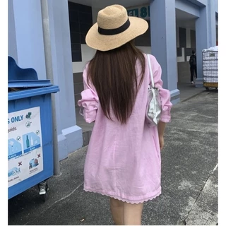 Dahong w520 เสื้อเชิ้ตยาวเกาหลี เรียบๆ oversize แขนยาวสีพื้น ผ้าลินินบุซับ คอวีแซมลูกไม้ ชายลูกไม้ มีกระเป๋า