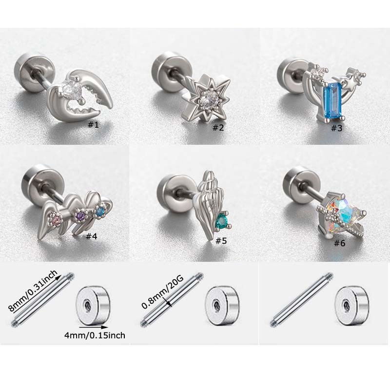1 ชิ้นสแตนเลสเหล็กหัวแบนกระดูกอ่อน Tragus ต่างหูสตั๊ด Helix Lobe Pinna เจาะหัวใจ Star รูปร่าง Zirconia