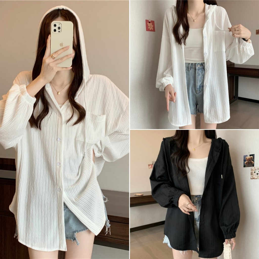 Hotgirl พร้อมส่ง เสื้อคลุมผู้หญิง เสื้อแขนยาว ดีไซน์มีฮู้ดหลวมแฟชั่น ใส่สบาย oversize สไตล์เกาหลี สีทึบ
