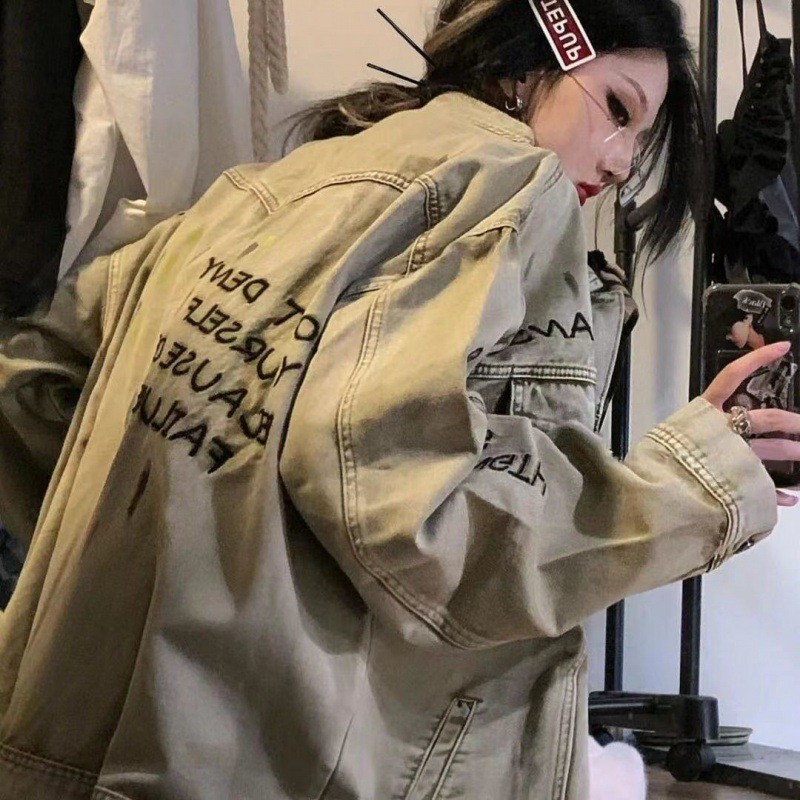 เสื้อโค้ทคาวบอยผู้หญิงปุ่มปกสบายๆหลวม
