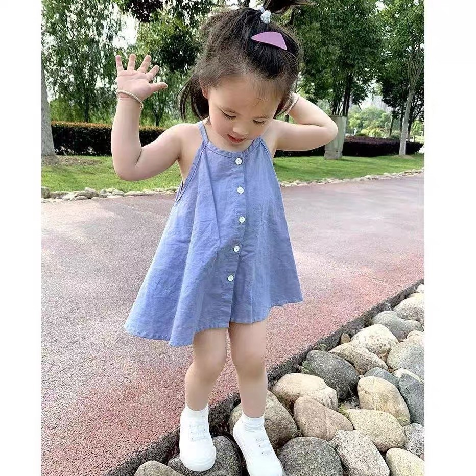 ชุดเดรสสายเดี่ยวผ้าฝ้ายสําหรับเด็กผู้หญิงเสื้อกั๊กใหม่สไตล์ทารกแขนกุดด้านบนกระโปรงชายหาด