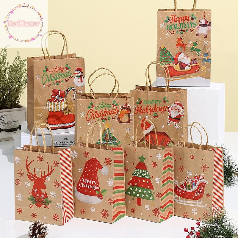 Redflower 4pcs กระเป๋าของขวัญคริสต์มาสถุงกระดาษคราฟท์ Santa Claus Snowman Xmas Party Candy คุกกี้ปัจจุบันกระเป๋า Merry Christmas ตกแต่ง 2024 TH