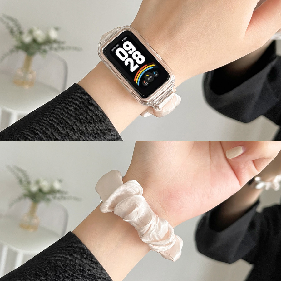 ผ้าไหมน้ําแข็งยืดหยุ่น Scrunchie สําหรับ Xiaomi Mi Band 9 Active สร้อยข้อมือสมาร์ท Slim Girl Loop Band Redmi Band 3 นาฬิกาสายรัดข้อมือ