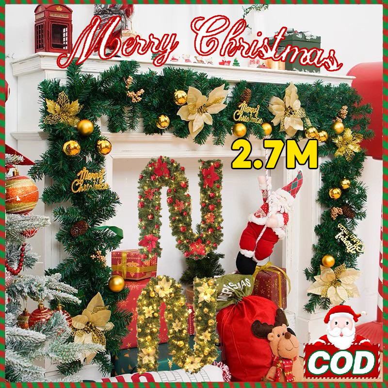 【COD】ข้าวคริสต์มาสหวายพีวีซี 2.7ม พวงหรีดคริสต์มาส ไฟ LED ประตูแขวนดอกไม้ประดิษฐ์ หวายสีเขียว ตกแต่งยาว ตกแต่งคริสต์มาส
