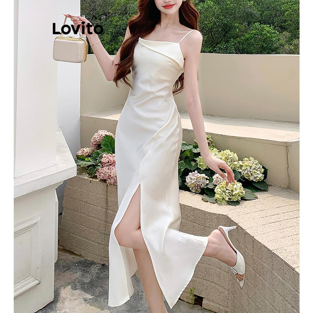 Lovito เดรสผู้หญิง แต่งผ่า สีพื้น สไตล์ลำลอง LNM70317