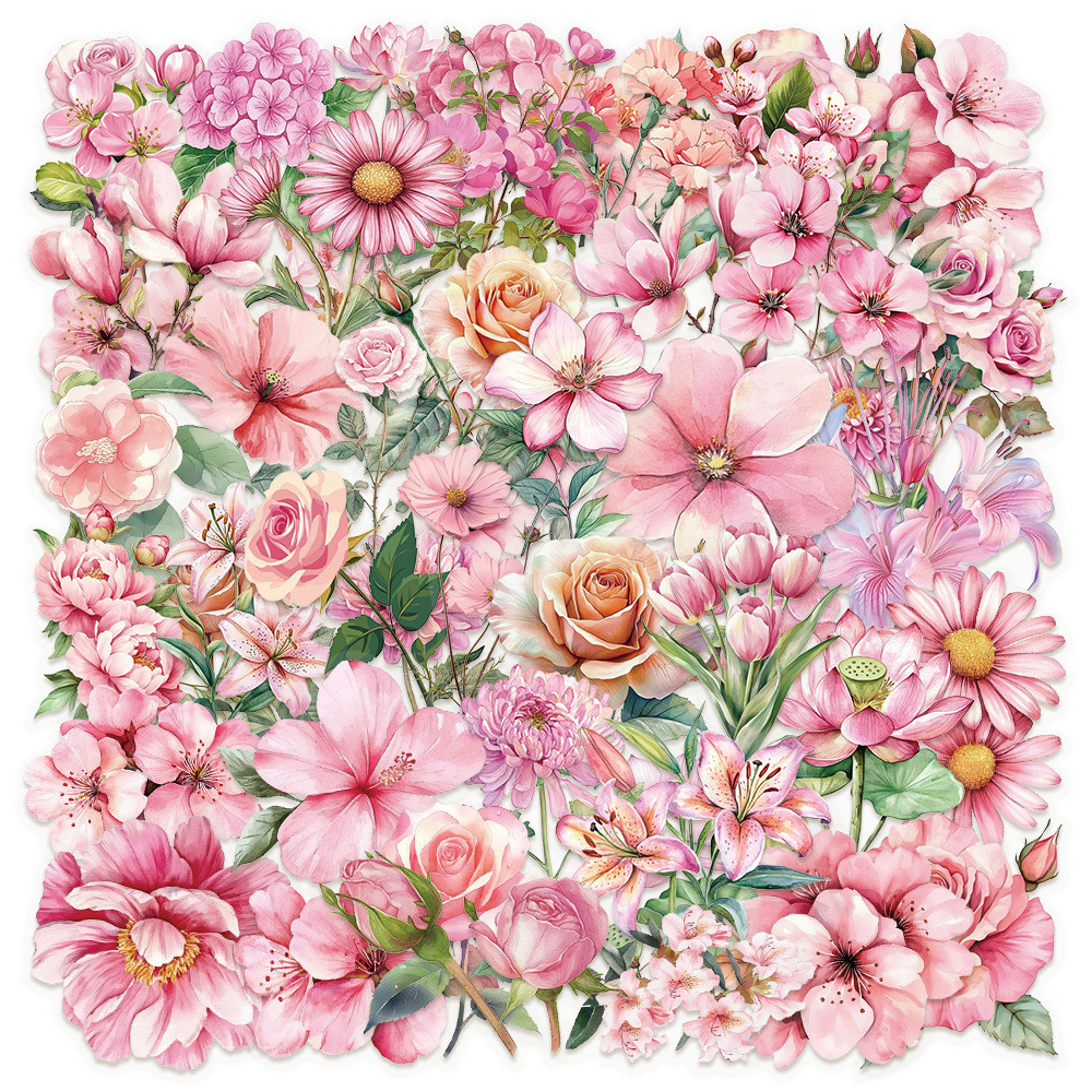 50 ชิ้น Pink Flowers PET Plastic Transpanent Stickers