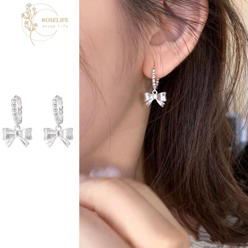 Roselife S925 เงินที่ละเอียดอ่อน Ingenous Bow จี้ Charming Hoop ต่างหูสําหรับผู้หญิงสาวหมั้น Daily หูเครื่องประดับอุปกรณ์เสริมของขวัญ