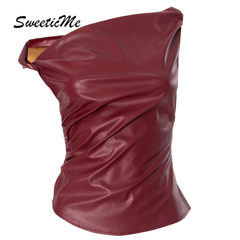 Sweeticme ผู้หญิง 2025 ใหม่แฟชั่น PU หนังเซ็กซี่ไม่สม่ําเสมอ Slim Fit Street Tank Tops Camisole