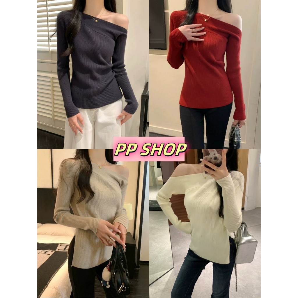 PP Shop​ ​พร้อมส่ง ผ้าถักแขนยาวสเวตเตอร์เสื้อคลุมเปิดไหล่สไตล์ลำลอง เข้ารูป เสื้อแฟชั่น กรีดด้านข้าง สไตล์เกาหลี#Z-YT37