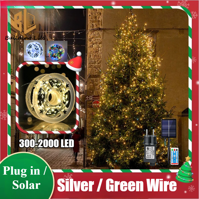 300-2000 ไฟคริสต์มาส LED ลวดทองแดง String Light Plug/พลังงานแสงอาทิตย์เงิน/สีเขียวลวดไฟนางฟ้าไฟต้นคริสต์มาสพร้อมการตกแต่งคริสต์มาสระยะไกล