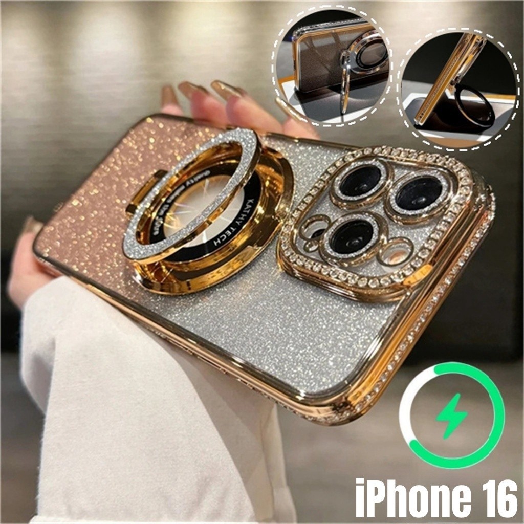 Desert Titanium Luxury Gradient glitter Diamond Magnetic Bracketเคสโทรศัพท์สําหรับiPhone 16 Pro Max 11 12 13 14 15 Pro Max 16 Plusกรณีกล้องเลนส์กันกระแทกป้องกันปกหลัง