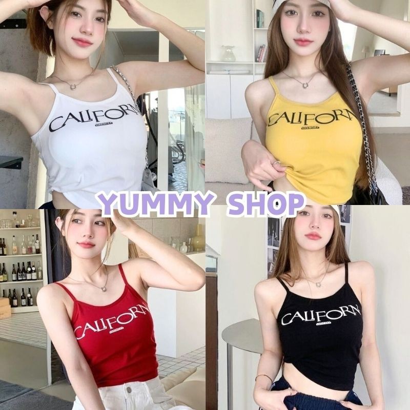 🎀Yummy Shop🎀พร้อมส่ง【FY3433】เสื้อสายเดี่ยว ลายสกีนตัวอักษร มีฟองน้ำ -H