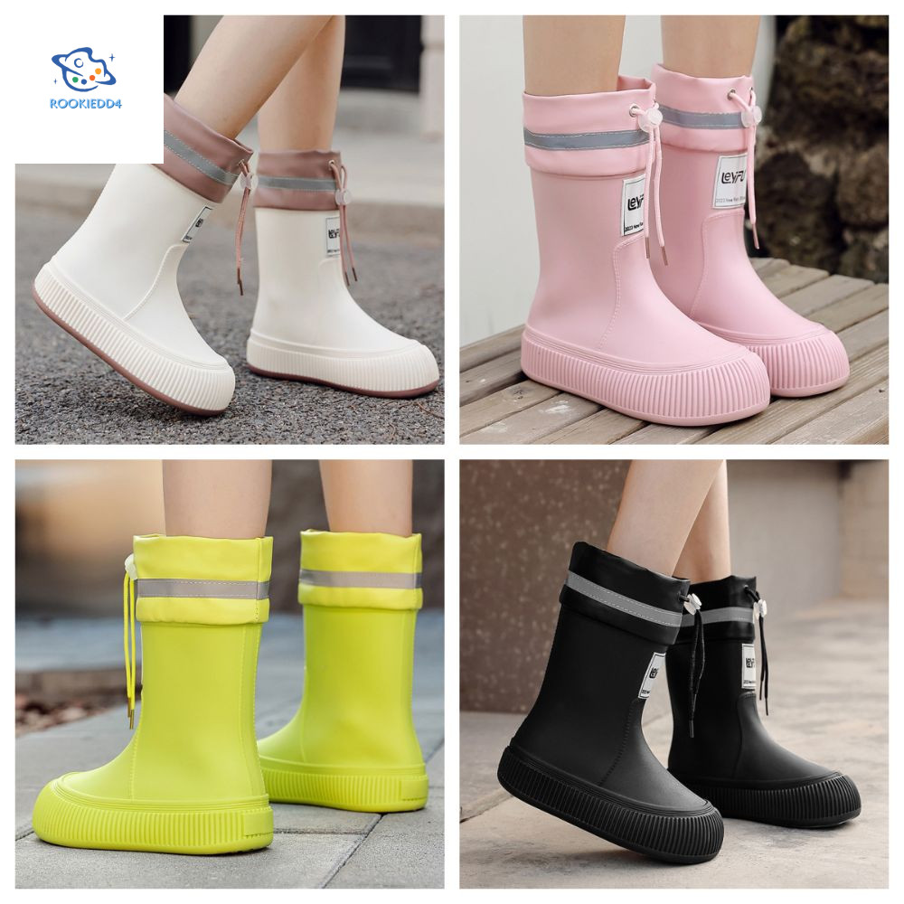 Rookiedd4 รองเท้ากันฝนผู้หญิง, Letter Anti Slip การ์ตูน Rainshoes, แฟชั่นกันน้ํา Drawstring หนาลูกวัว Galoshes Snowing