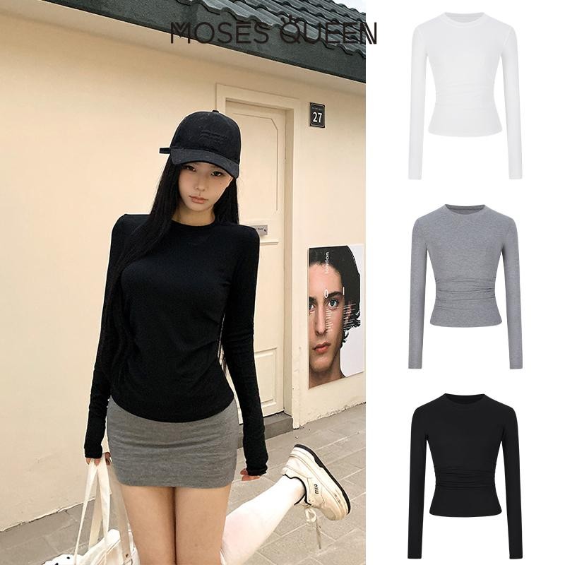 MOSS QUEEN  เสื้อ จุดต่ําสุด เสื้อสวมหัวคอกลมสําหรับผู้หญิงในฤดูใบไม้ผลิสลิมฟิตแขนยาวเสื้อยืดสาวร้อน
