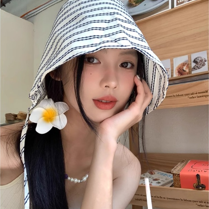 ฝรั่งเศสใหม่ลายชายคาใหญ่ถังหมวกผู้หญิงฤดูร้อนครีมกันแดดม่านบังแดดซอกใบหน้าระบายอากาศหมวกขนาดเล็กหน้าปกอ่างหมวก