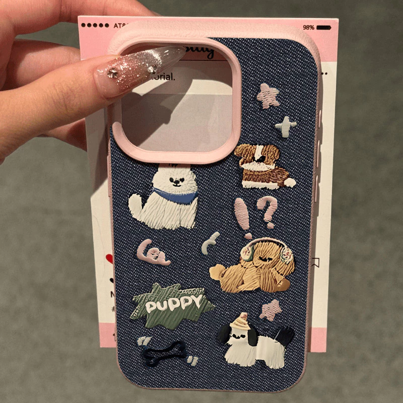 Iphone 17 16 15 14 13 12 11 Pro Max X Xr Xs Max เคสโทรศัพท์การ์ตูนปักคาวบอยลูกสุนัขคู่หนังนุ่มปกหลัง