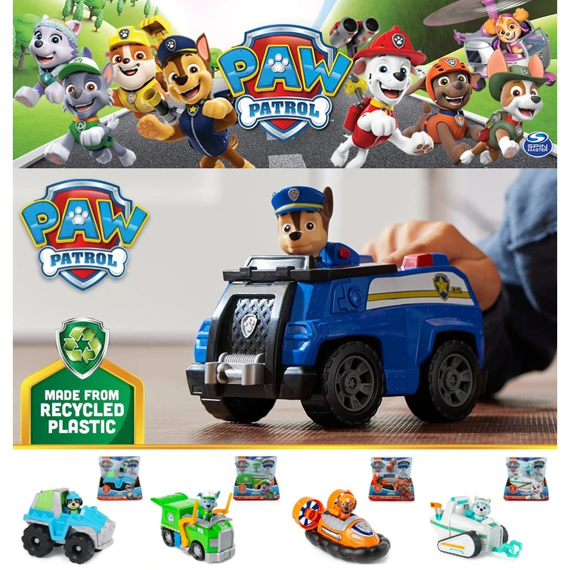 รถของเล่น PAW Patrol Rescue Vehicle Cruiser ของแท้พร้อมของสะสม ฟิกเกอร์แอคชั่น Chase Marshall Ryder Rubble ของเล่นรถดึงกลับ ของขวัญสำหรับเด็กผู้ชาย