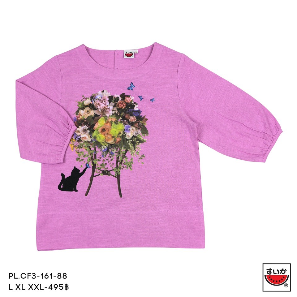 เสื้อแตงโม (SUIKA) - เสื้อแตงโม คอปาดแขนสามส่วนจั๊มปลายแขนผ้าสลาฟ พิมพ์ลายดอกไม้ ( PL.CF3-161 162 162 160 174 170 ) — صورة 5