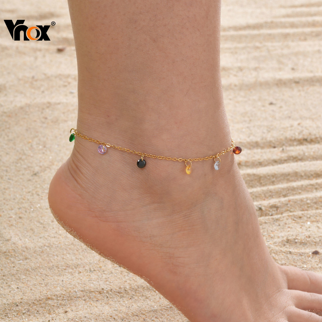 Vnox สีสันZircon Cubic Ankletสําหรับผู้หญิง,ทองสแตนเลสNon Tarnishสร้อยข้อเท้า,แฟชั่นเครื่องประดับของขวัญ