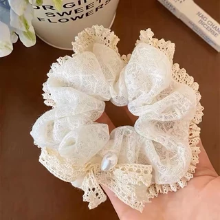 ลูกไม้ Scrunchy Hair Tie ครีมลูกไม้สีขาว Fairy Head ดอกไม้
